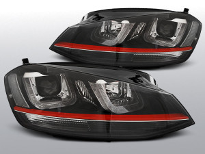 Koplampen Real DRL U-Type | geschikt voor Volkswagen Golf 7 2012- | Dagrijverlichting met xenon look lens | Zwart met rode bies