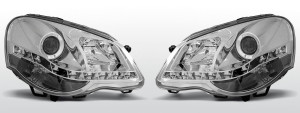 Koplampen LED DRL | geschikt voor Volkswagen Polo 9N3 2005-2009 | met verstelmotor | Chroom | Real DRL