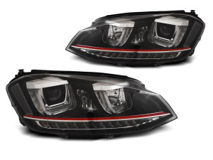 Koplampen | geschikt voor Volkswagen | Golf 12-17 3d hat. VII 5G1 BQ1 BE1 BE2 / Golf 12-17 5d hat. VII 5G1 BQ1 BE1 BE2 / Golf Variant 13-17 5d sta. | LED | REAL DRL | U-Type | Dynamic Turn Signal | zwart en rood
