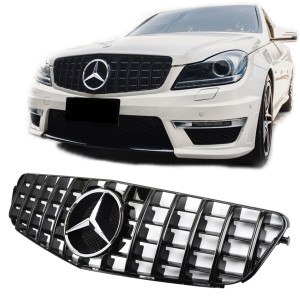 Grill | geschikt voor Mercedes-Benz | C-klasse 07-14 4d sed. W204 / C-klasse Coupé 11-15 2d cou. / C-klasse Estate 07-14 5d sta. | PANAMERICANA GT GT-R - Look | Met Mercedes ster Glanzend zwart