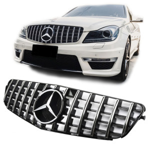 Grill | geschikt voor Mercedes-Benz | C-klasse 07-14 4d sed. W204 / C-klasse Coupé 11-15 2d cou. / C-klasse Estate 07-14 5d sta. | PANAMERICANA GT GT-R - Look | Met Mercedes ster Glanzend zwart en chroom