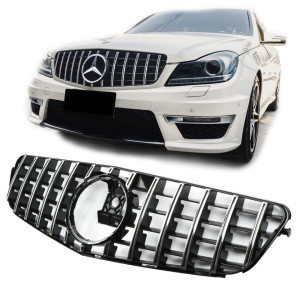 Grill | geschikt voor Mercedes-Benz | C-klasse 07-14 4d sed. W204 / C-klasse Coupé 11-15 2d cou. / C-klasse Estate 07-14 5d sta. | PANAMERICANA GT GT-R - Look | Zonder Mercedes ster Glanzend zwart en chroom